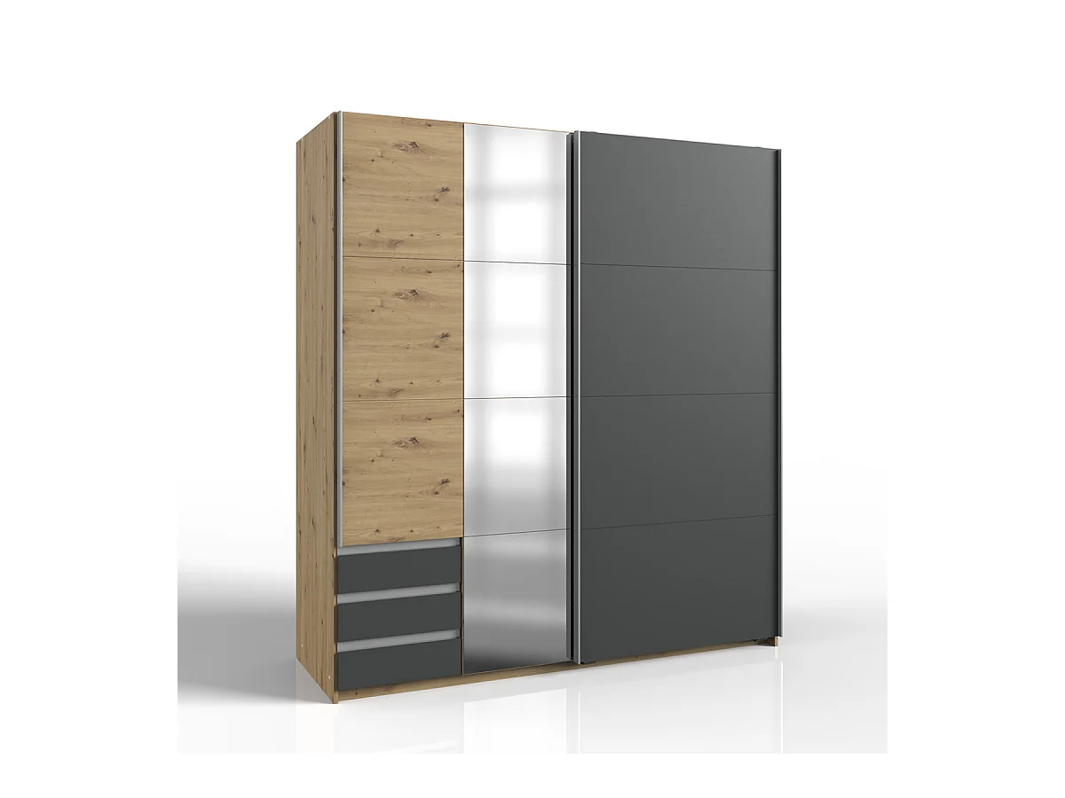 Armoire 2 portes coulissantes avec 1 miroir et 3 tiroirs H198 cm - AURICH