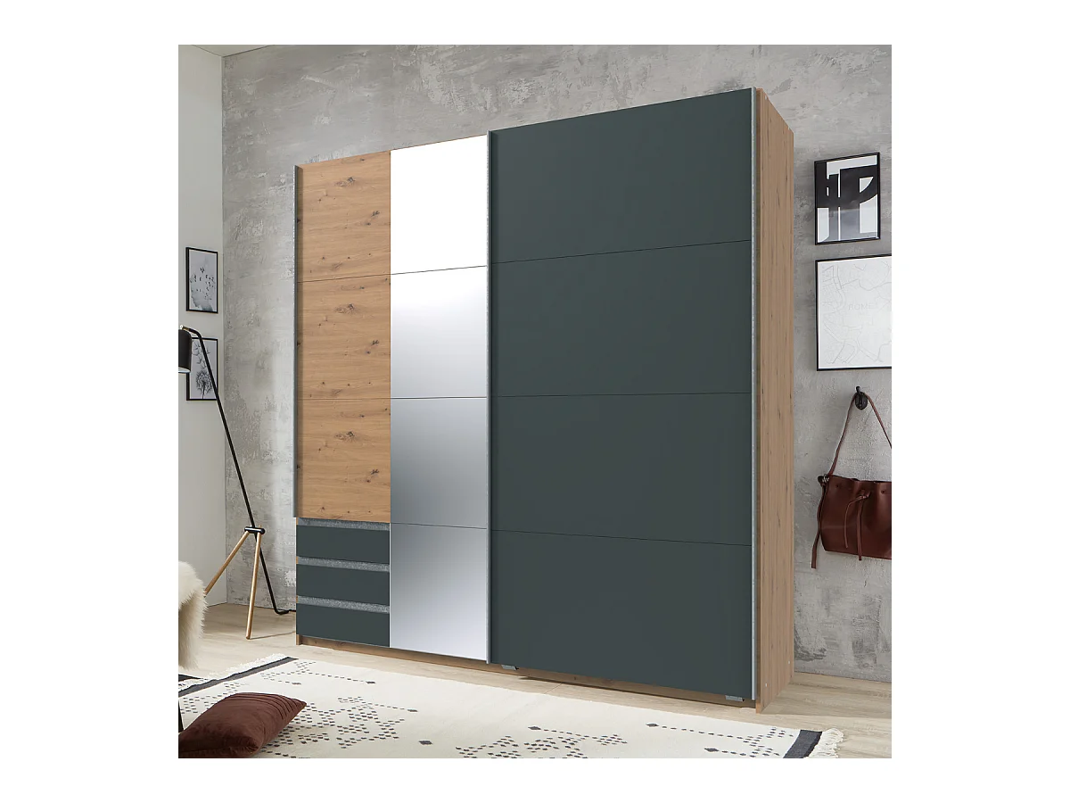 Armoire 2 portes coulissantes avec 1 miroir et 3 tiroirs H198 cm - AURICH