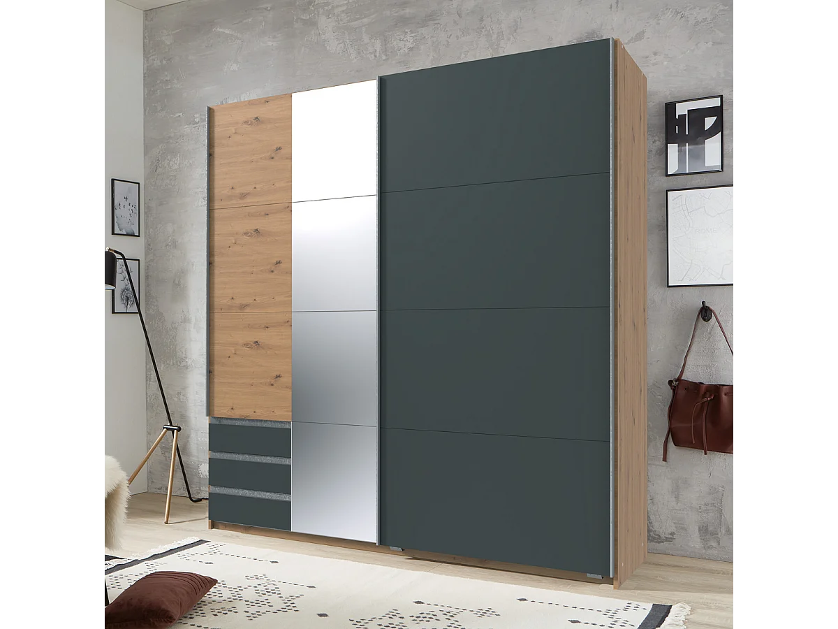 Schrank 2 Schiebetüren mit 1 Spiegel und 3 Schubladen H198 cm - AURICH
