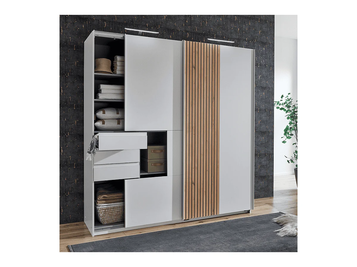 Armoire 2 portes coulissantes avec 3 tiroirs L180 cm - COBURG