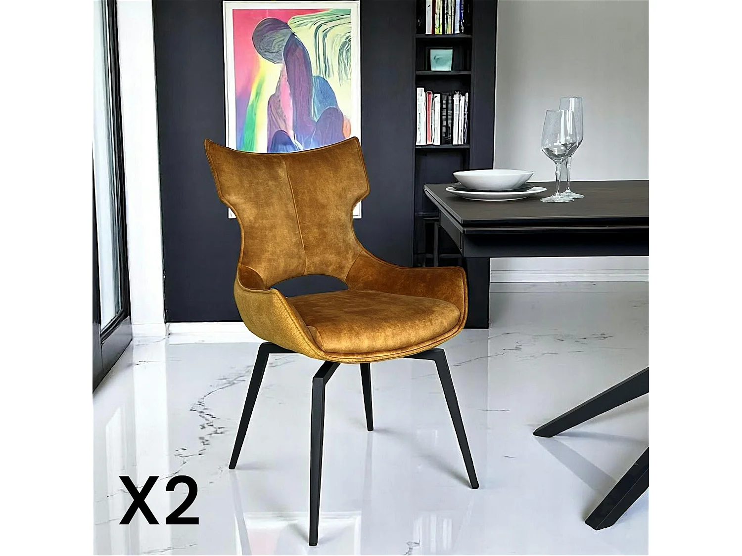 Chaise pivotante dorée bi-matière, dossier en T (lot de 2) LOMBARDIE