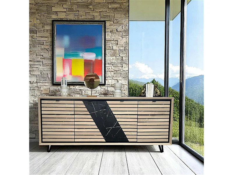 Enfilade 4 portes chêne blanc décor graphique ESSEN