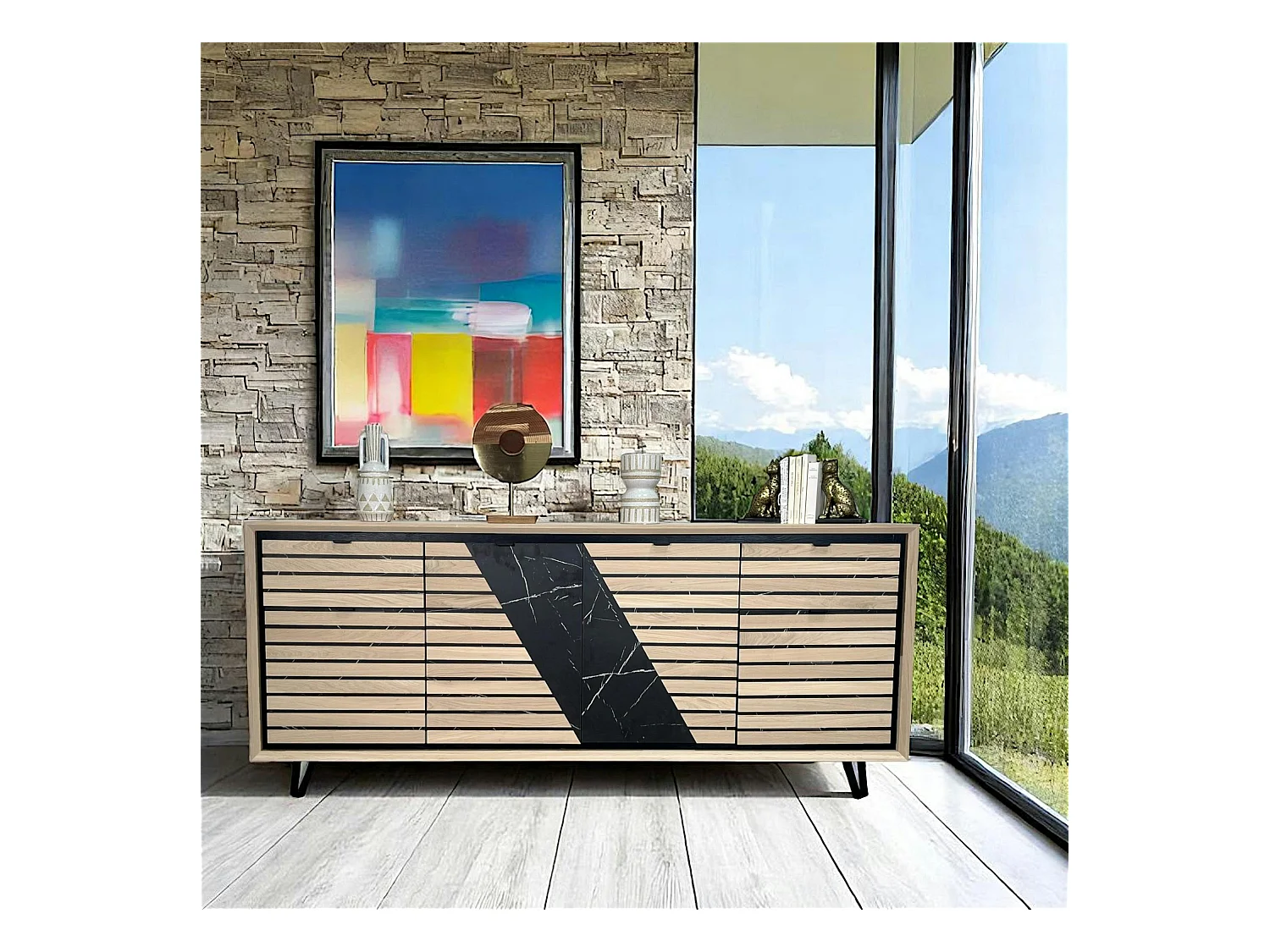 Enfilade 4 portes chêne blanc décor graphique ESSEN