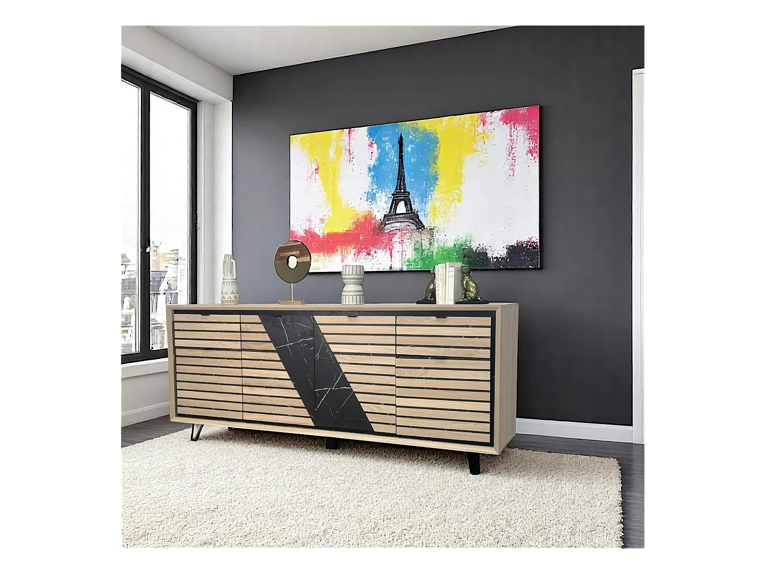 Enfilade 4 portes chêne blanc décor graphique ESSEN