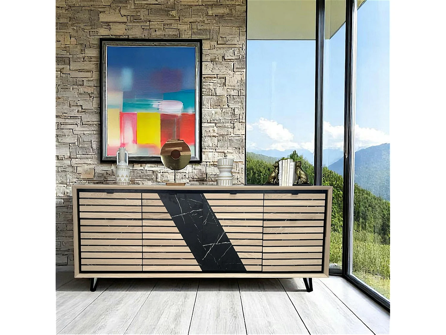 Enfilade 4 portes chêne blanc décor graphique ESSEN