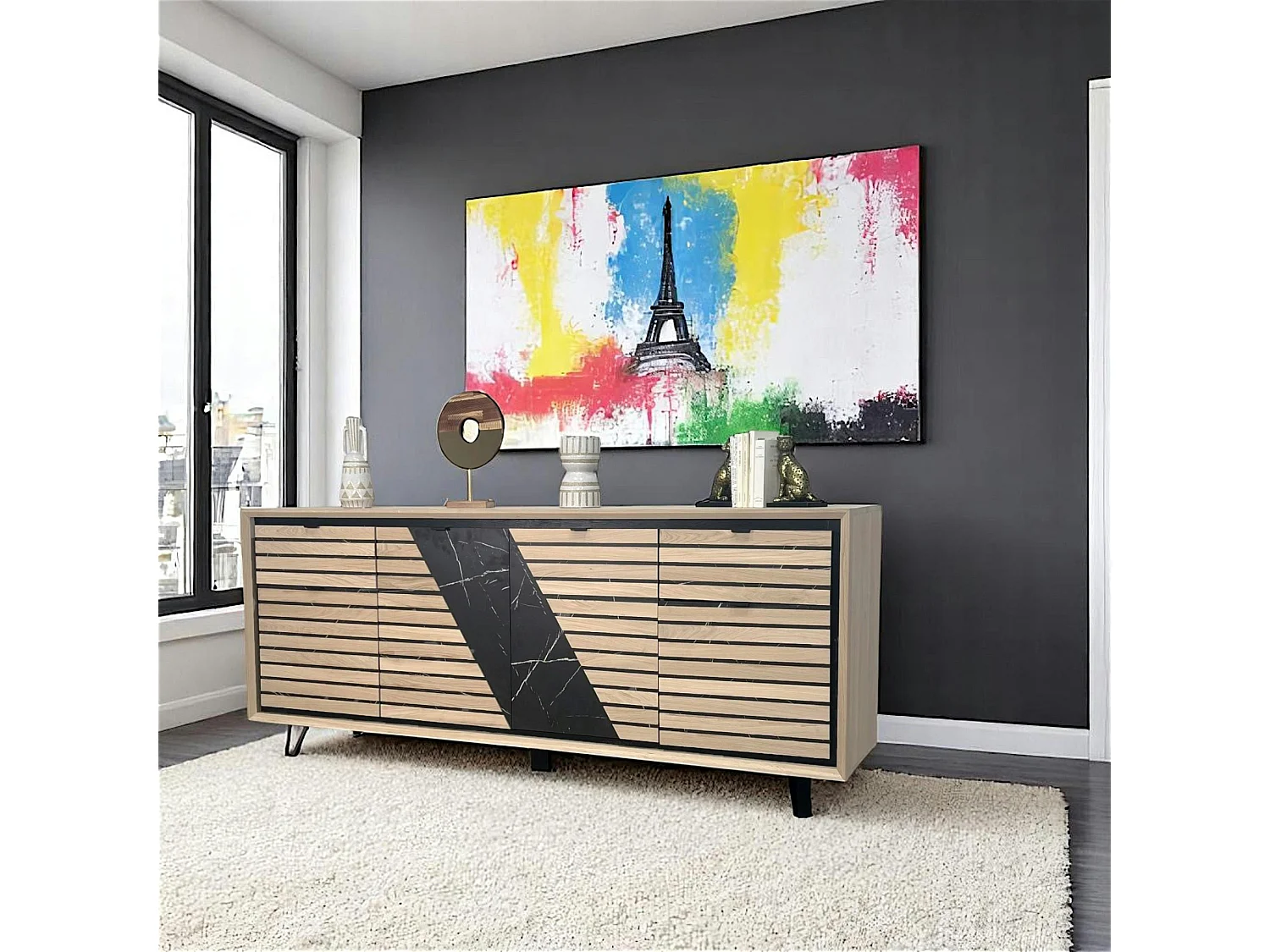 Enfilade 4 portes chêne blanc décor graphique ESSEN