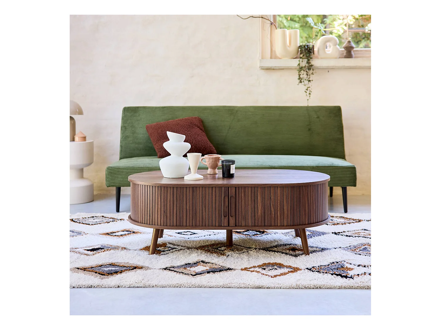 Tavolino scandinavo effetto legno scanalato 2 ante scorrevoli, noce