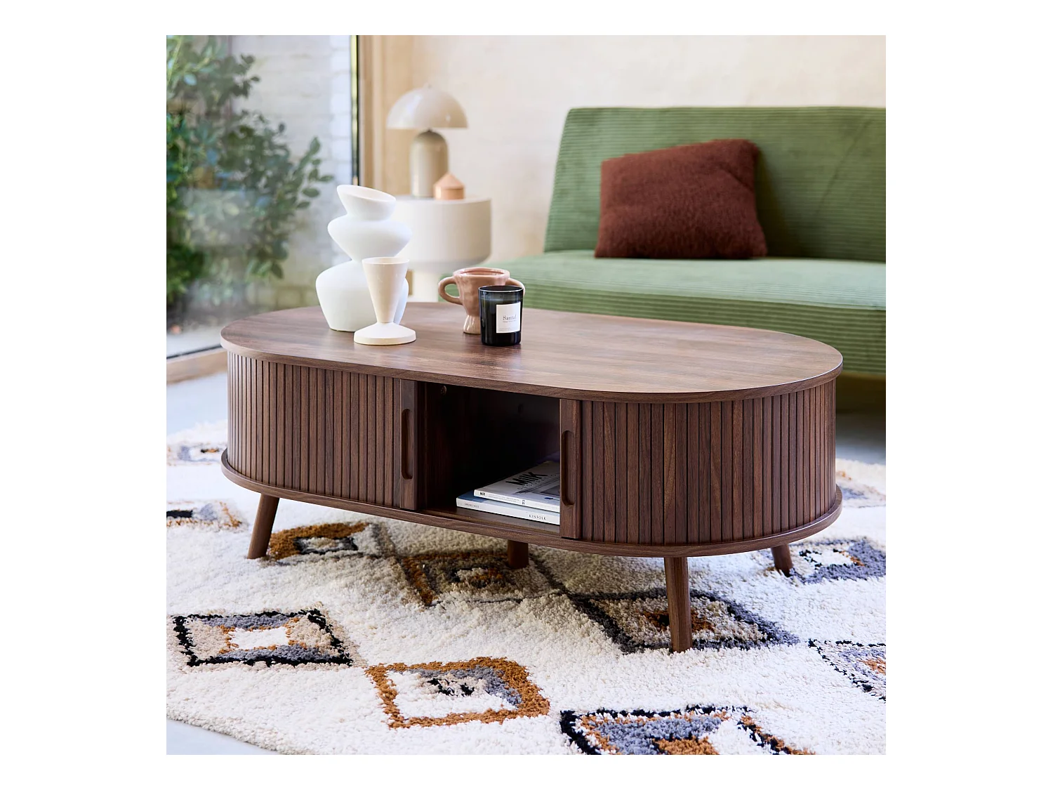 Tavolino scandinavo effetto legno scanalato 2 ante scorrevoli, noce