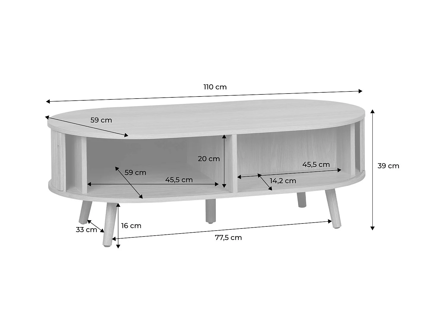 Tavolino scandinavo effetto legno scanalato 2 ante scorrevoli, noce