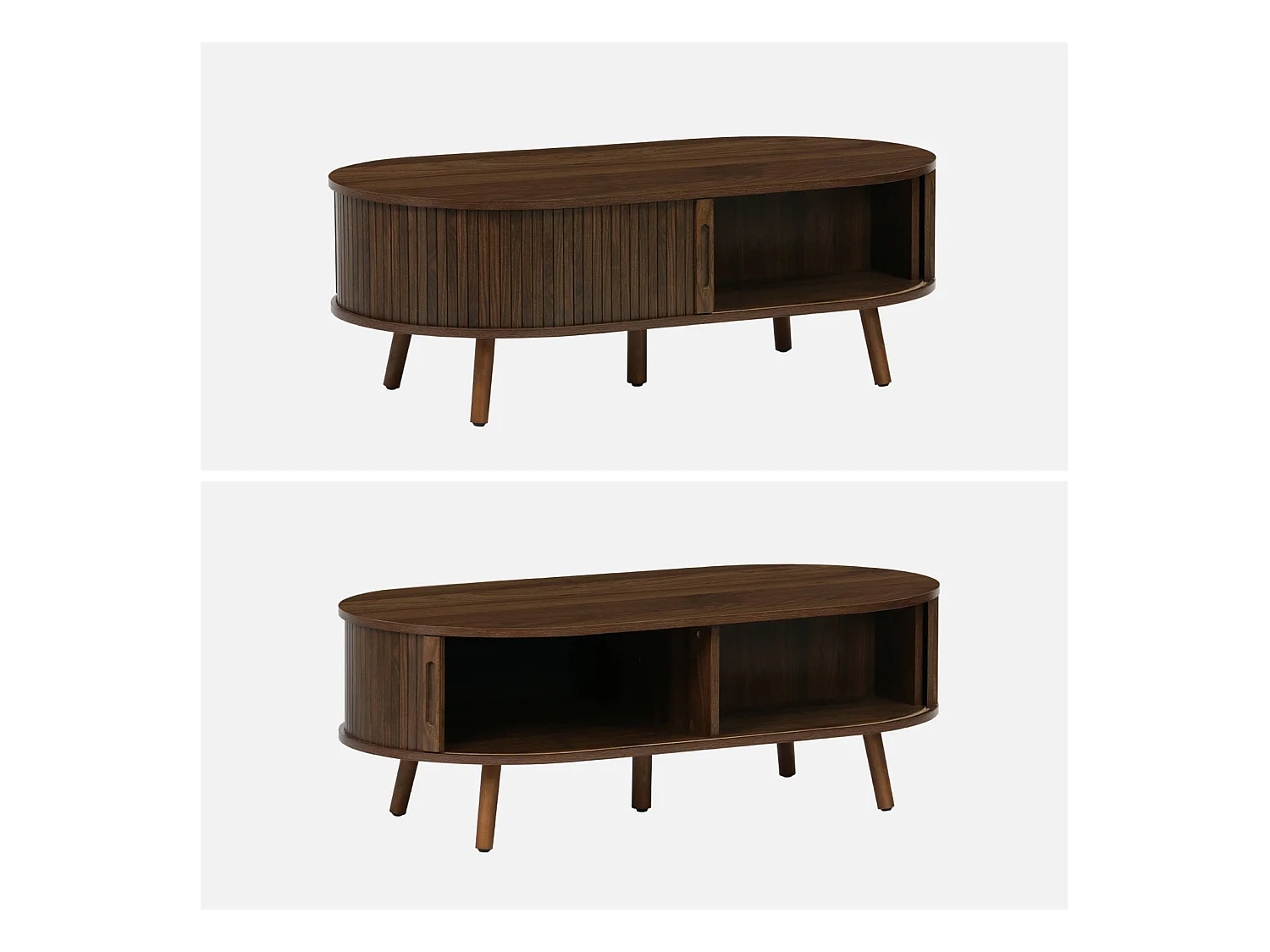 Tavolino scandinavo effetto legno scanalato 2 ante scorrevoli, noce