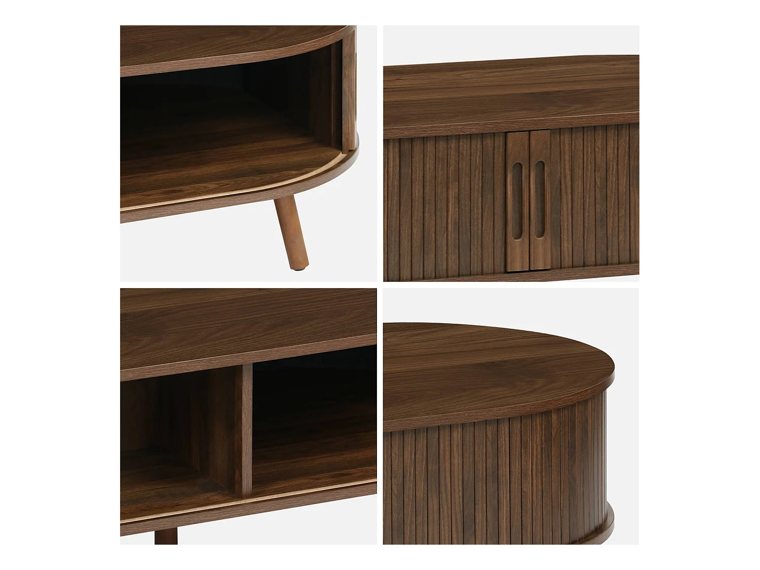 Tavolino scandinavo effetto legno scanalato 2 ante scorrevoli, noce