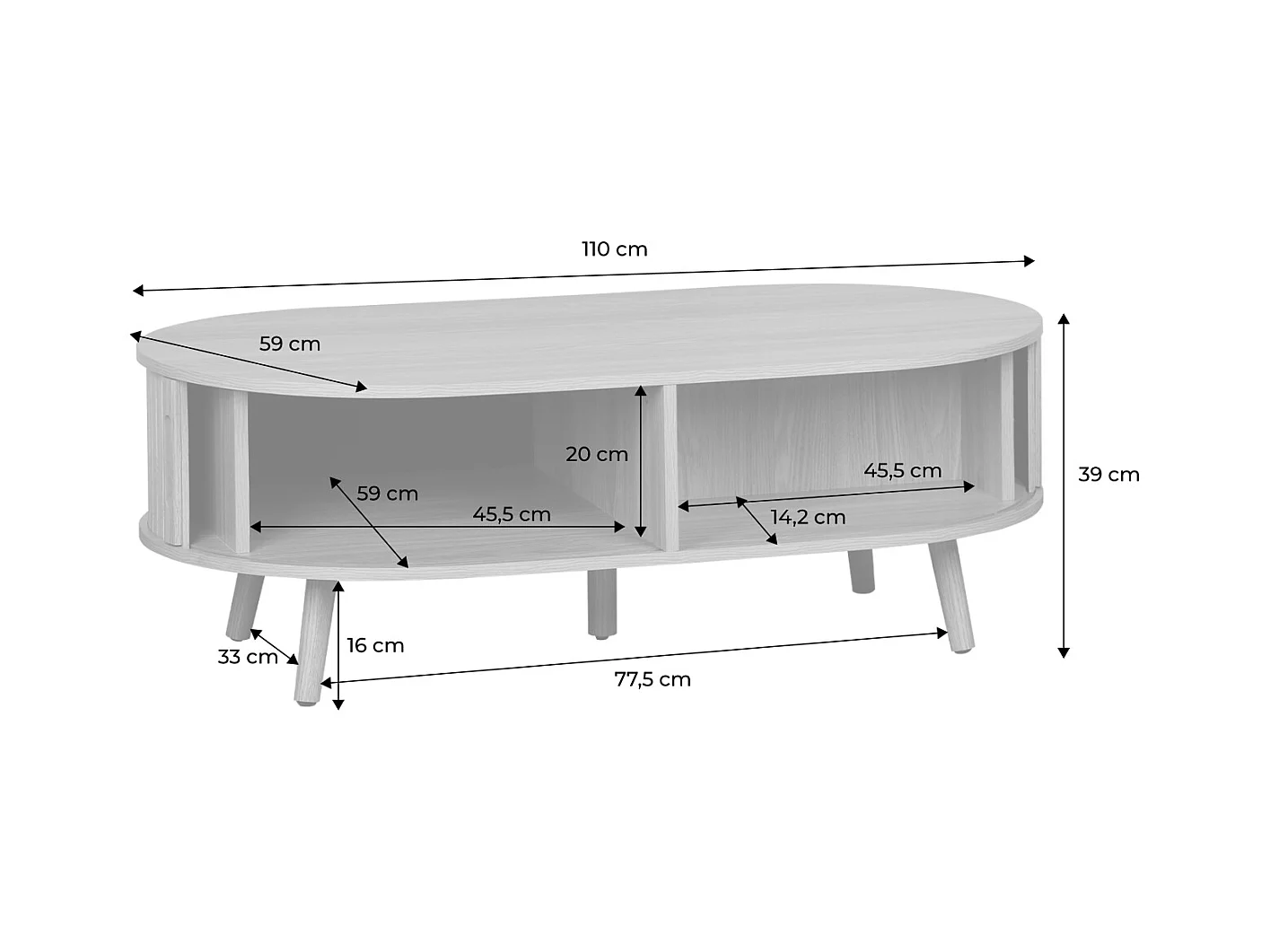 Tavolino scandinavo effetto legno scanalato 2 ante scorrevoli, noce