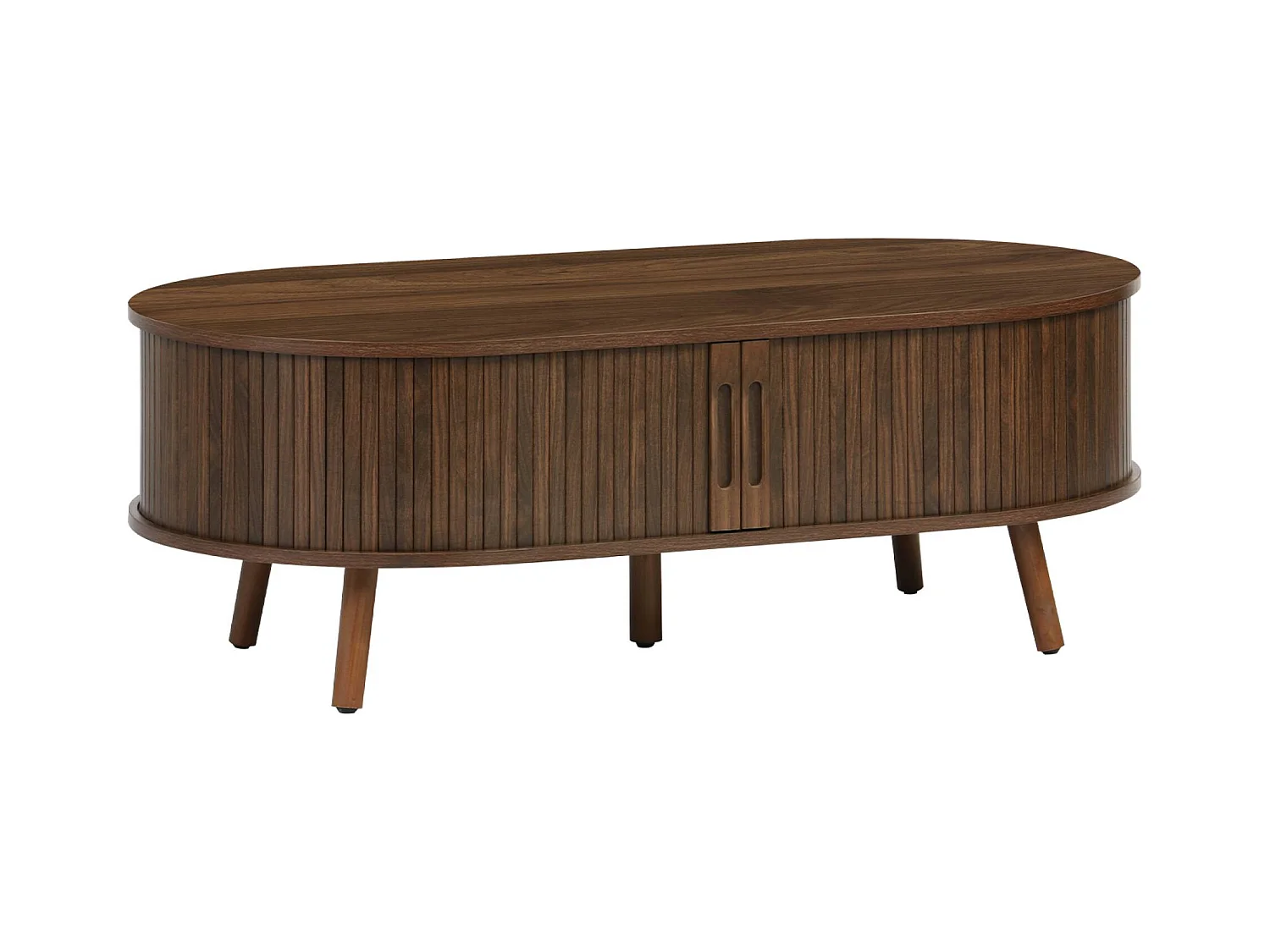 Table basse 2 portes coulissantes avec 3 compartiments effet bois rainuré noyer. L 110 x P 59 x H 39cm