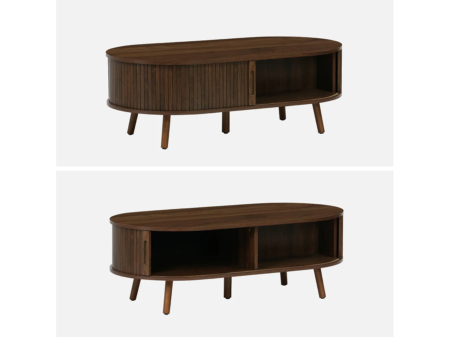 Table basse 2 portes coulissantes avec 3 compartiments décor bois rainuré noyer. L 110 x P 59 x H 39cm