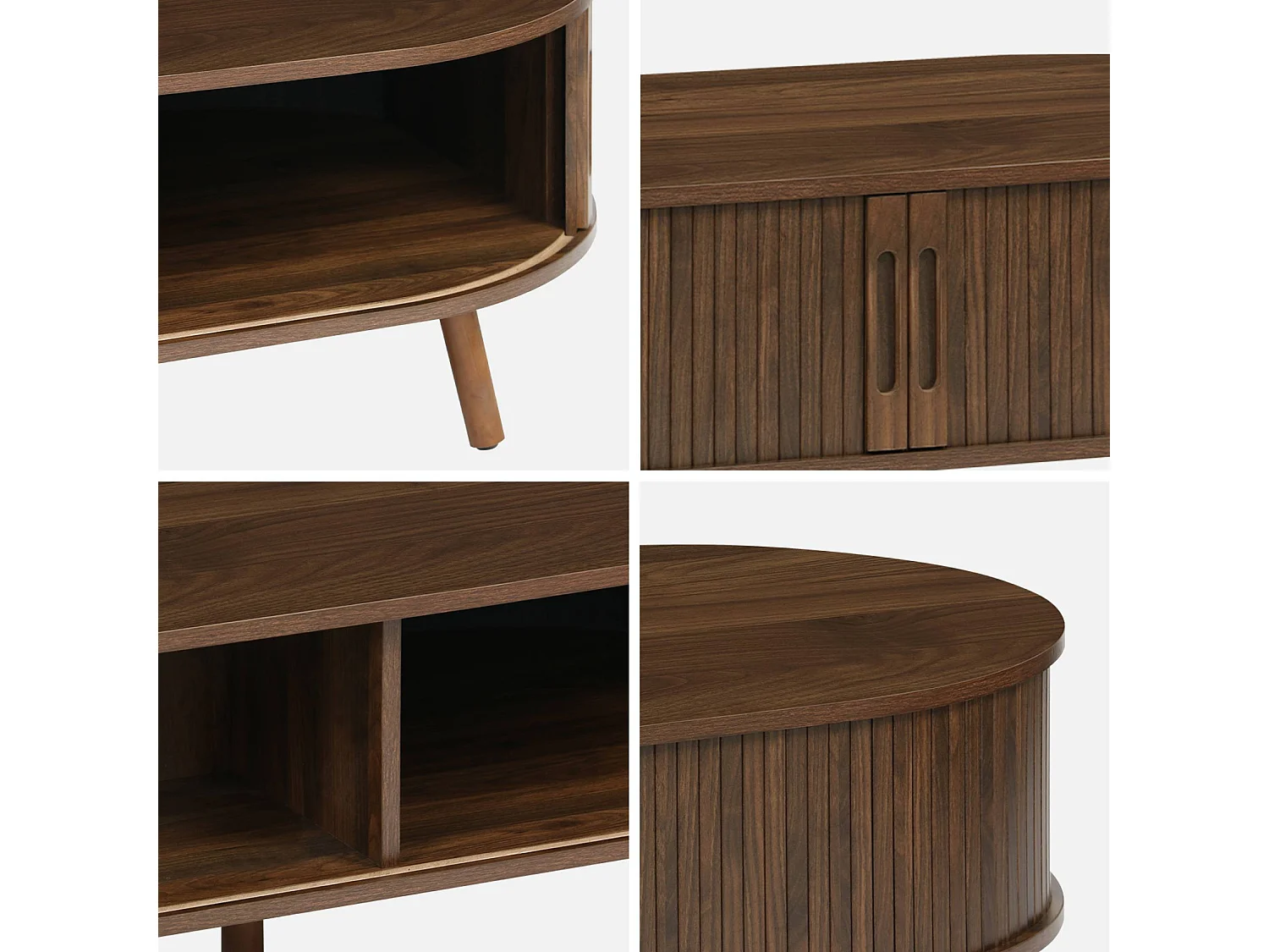 Table basse 2 portes coulissantes avec 3 compartiments décor bois rainuré noyer. L 110 x P 59 x H 39cm