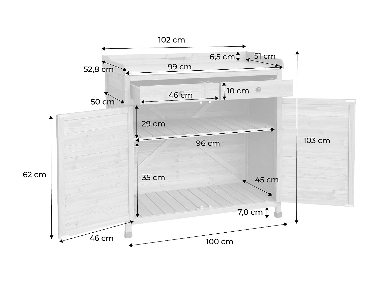 Meuble de rangement. table de rempotage en bois avec 2 portes et 2 tiroirs. L 102 x P 52.8 x H 103.5cm