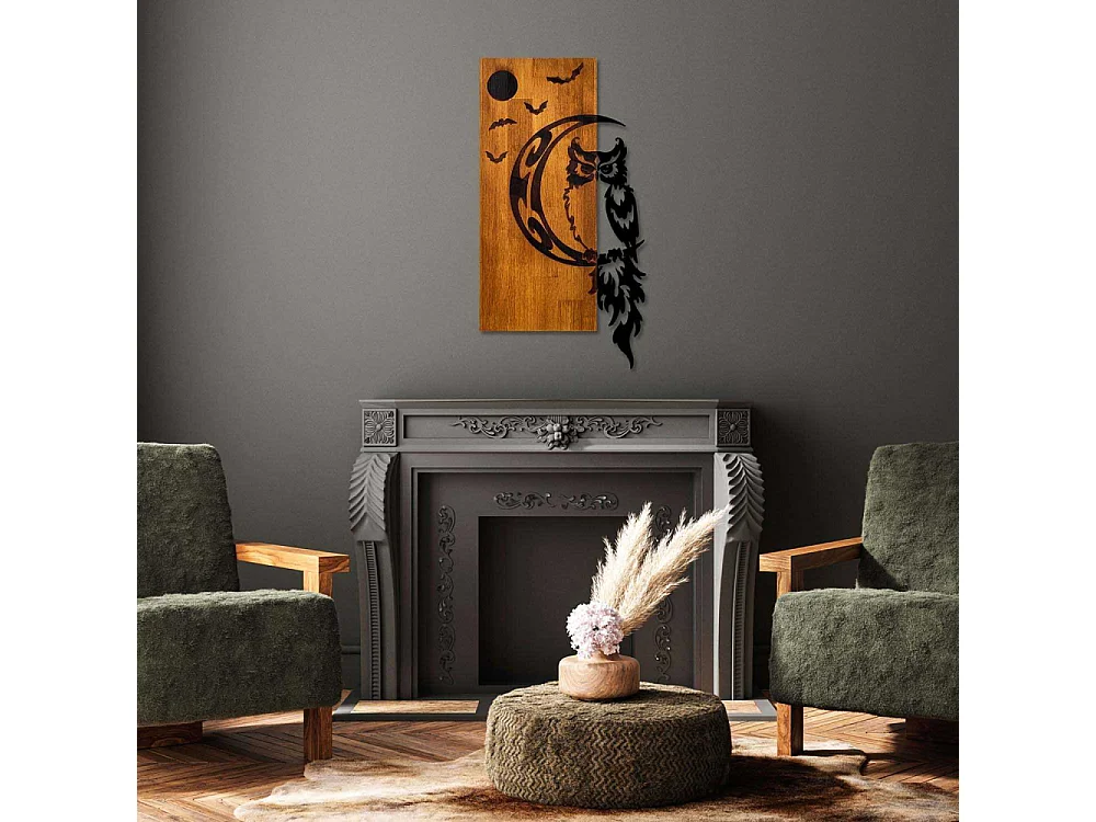 Décoration murale bois et métal Animal Hibou sur la lune