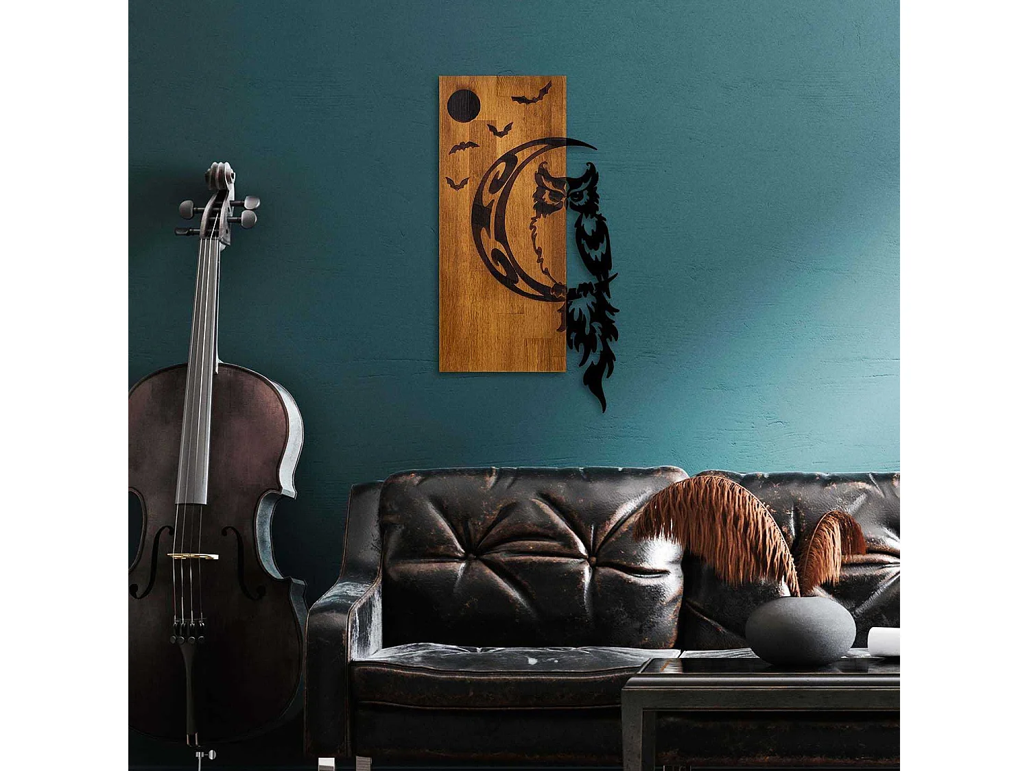 Décoration murale bois et métal Animal Hibou sur la lune