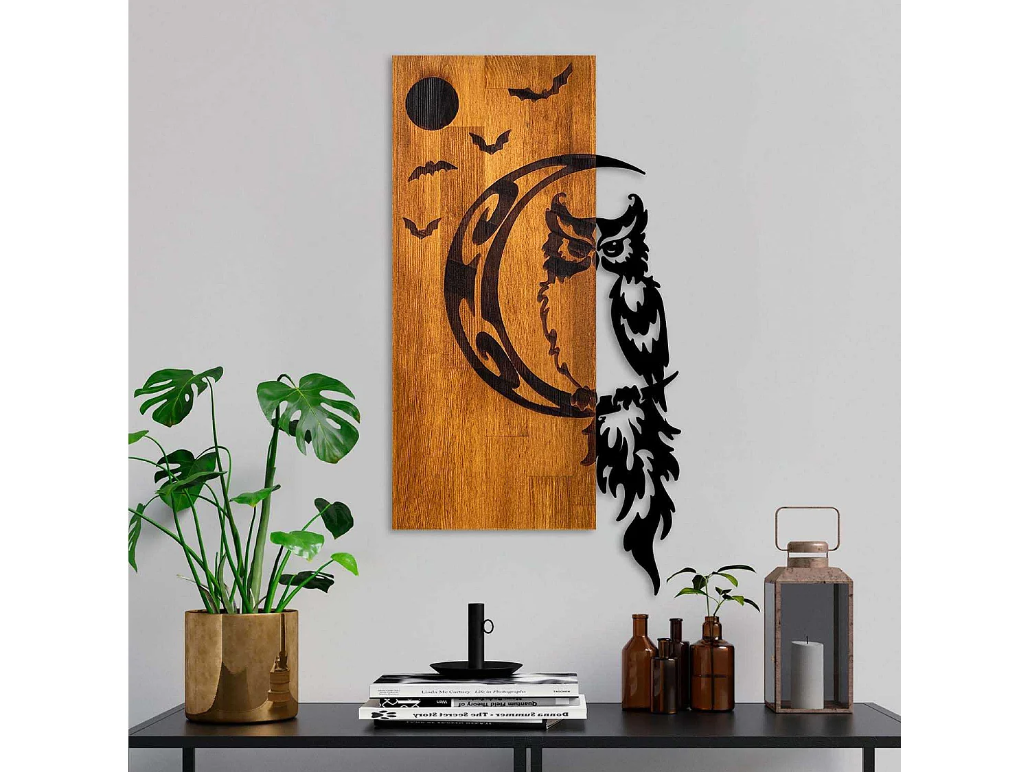 Décoration murale bois et métal Animal Hibou sur la lune