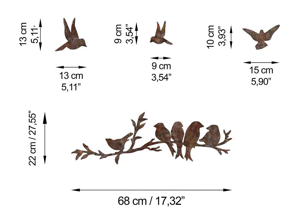 Décoration murale en métal Oiseaux Oiseaux sur branche (effet rouillé)