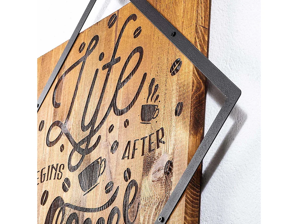 Décoration murale en bois et métal Citation Life Begins After Coffee