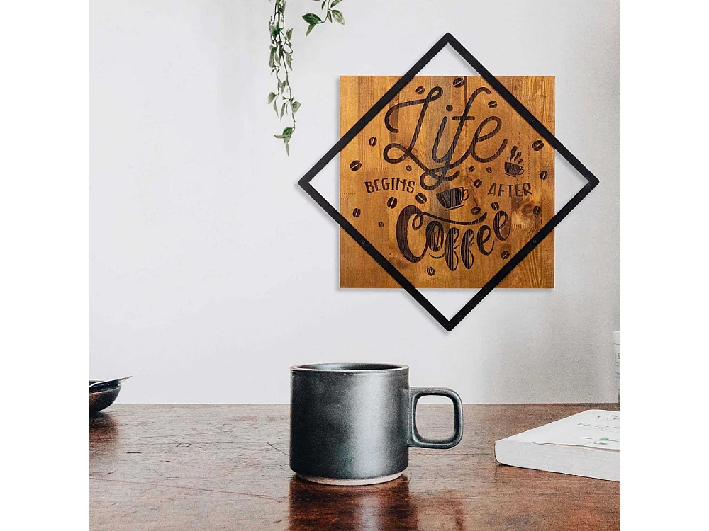 Décoration murale en bois et métal Citation Life Begins After Coffee