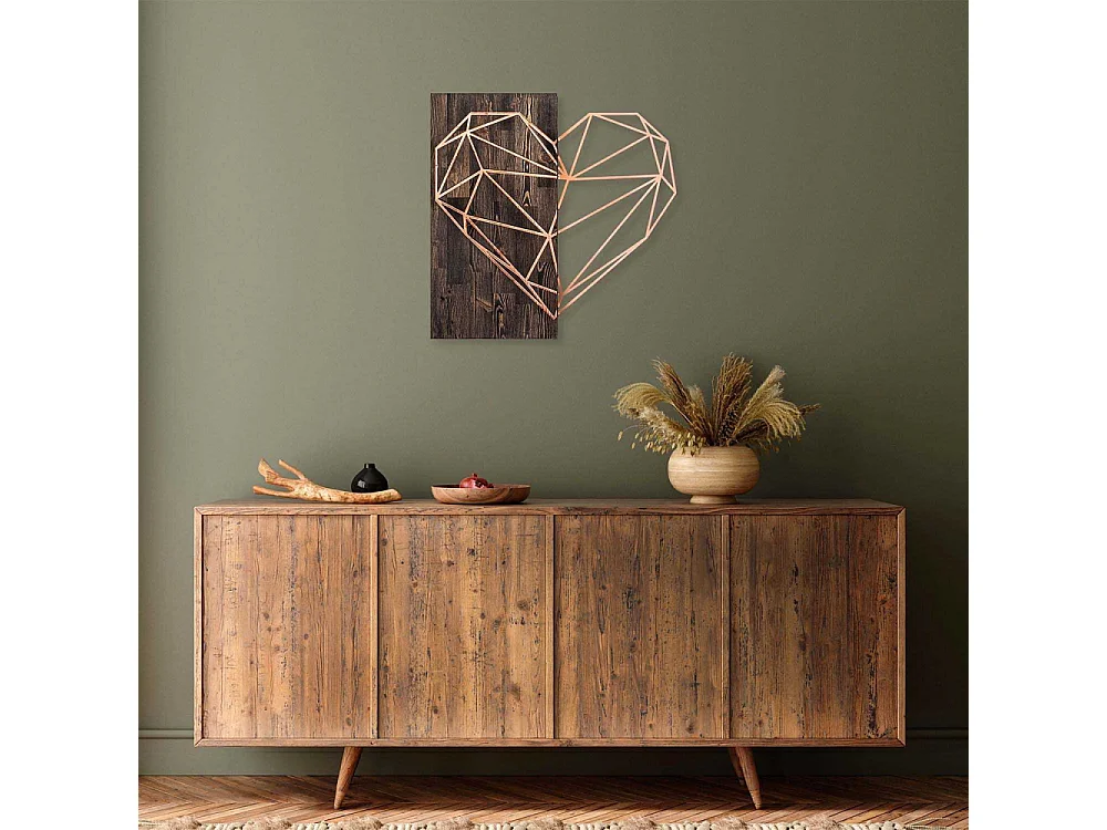 Decoration murale en métal et bois Amour Coeur cuivré
