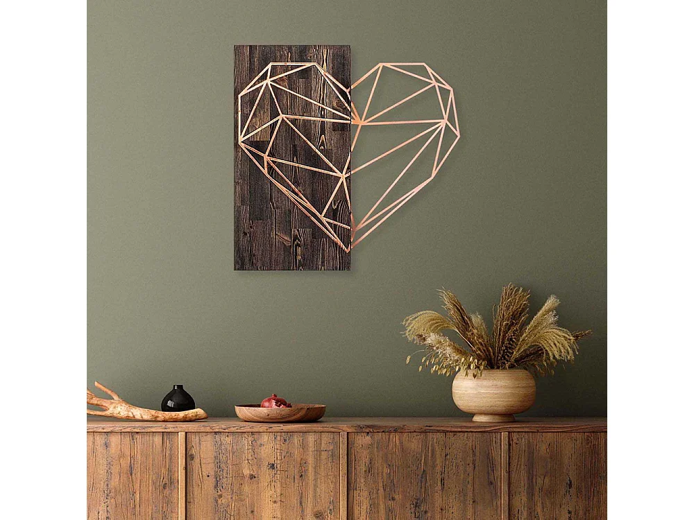 Decoration murale en métal et bois Amour Coeur cuivré