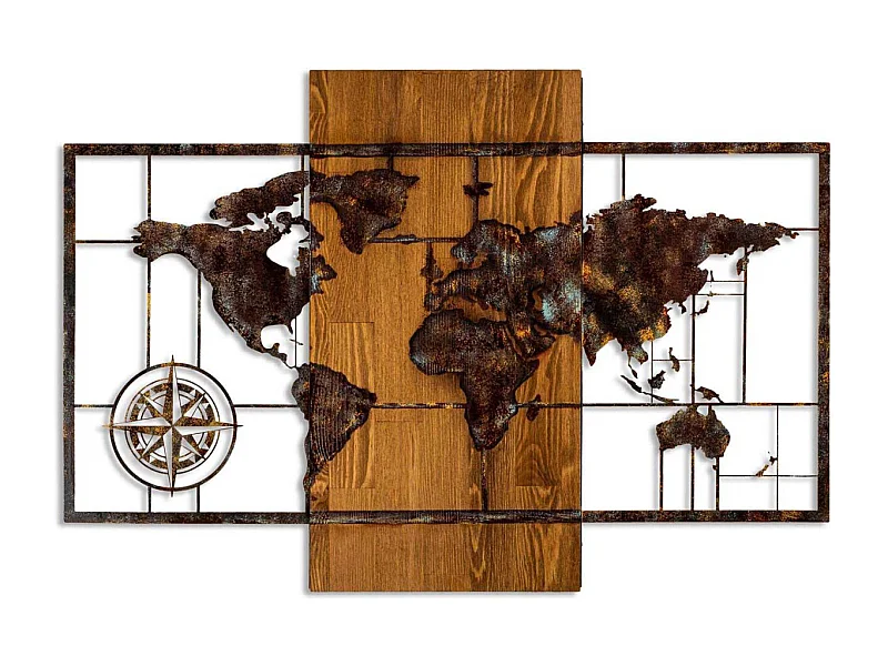 Décoration murale en bois et métal Mappemonde Mappemonde avec boussole