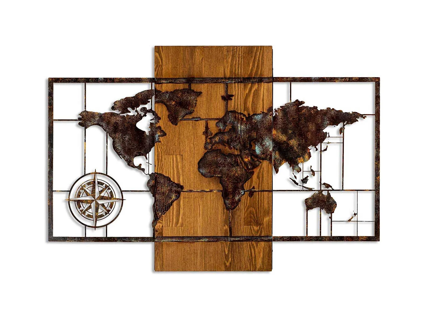 Décoration murale en bois et métal Mappemonde Mappemonde avec boussole