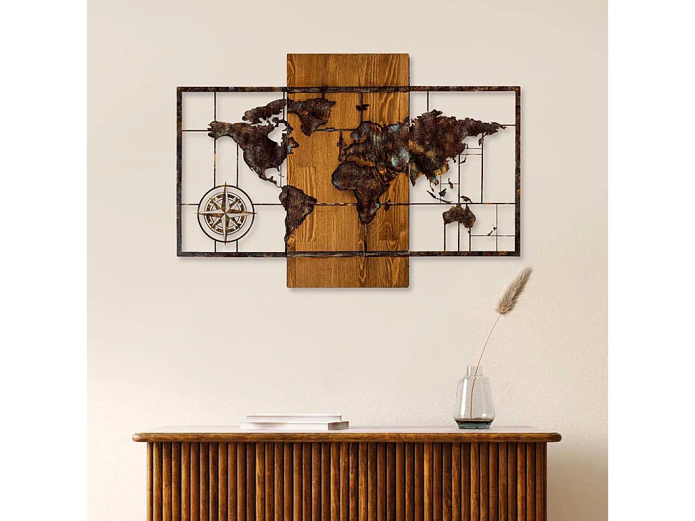 Décoration murale en bois et métal Mappemonde Mappemonde avec boussole