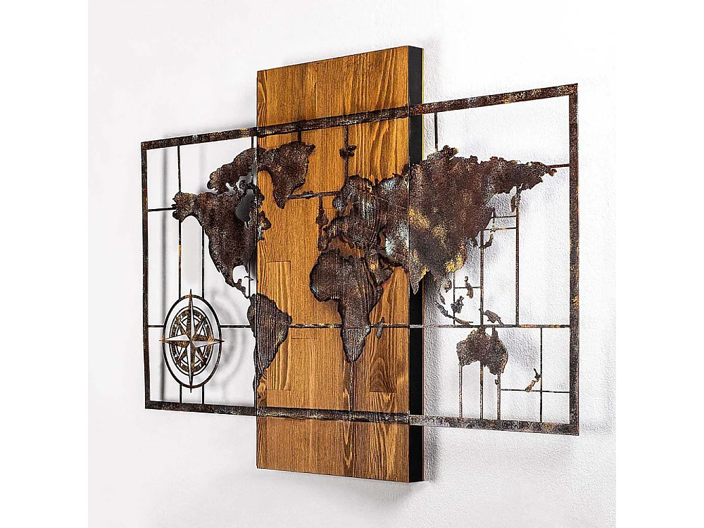 Décoration murale en bois et métal Mappemonde Mappemonde avec boussole