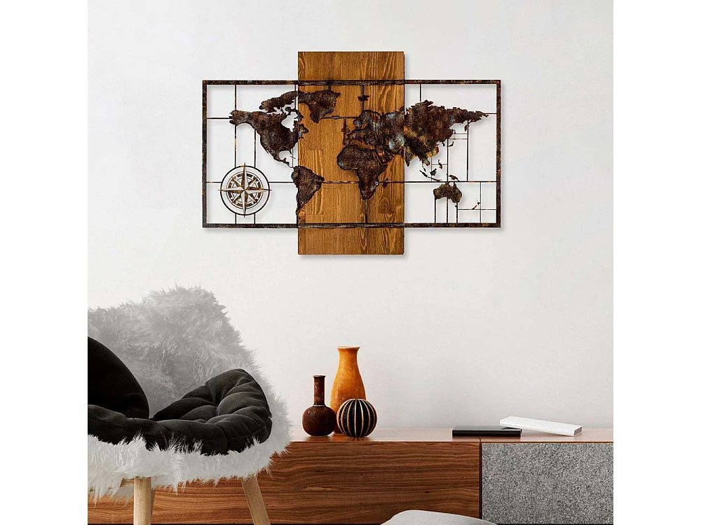 Décoration murale en bois et métal Mappemonde Mappemonde avec boussole