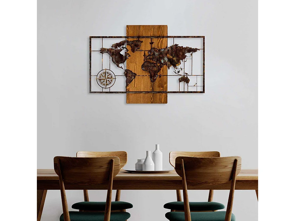 Décoration murale en bois et métal Mappemonde Mappemonde avec boussole