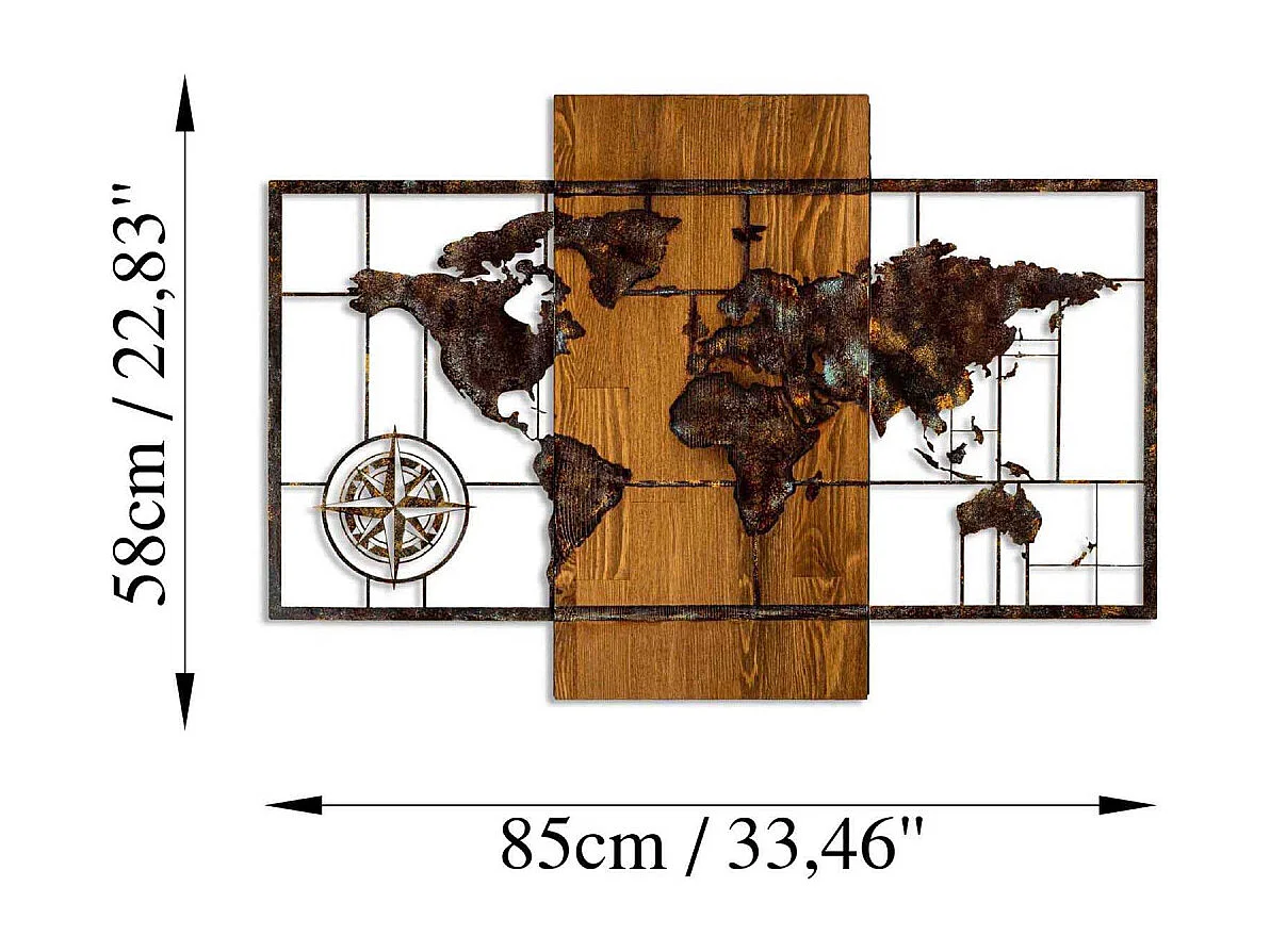 Décoration murale en bois et métal Mappemonde Mappemonde avec boussole