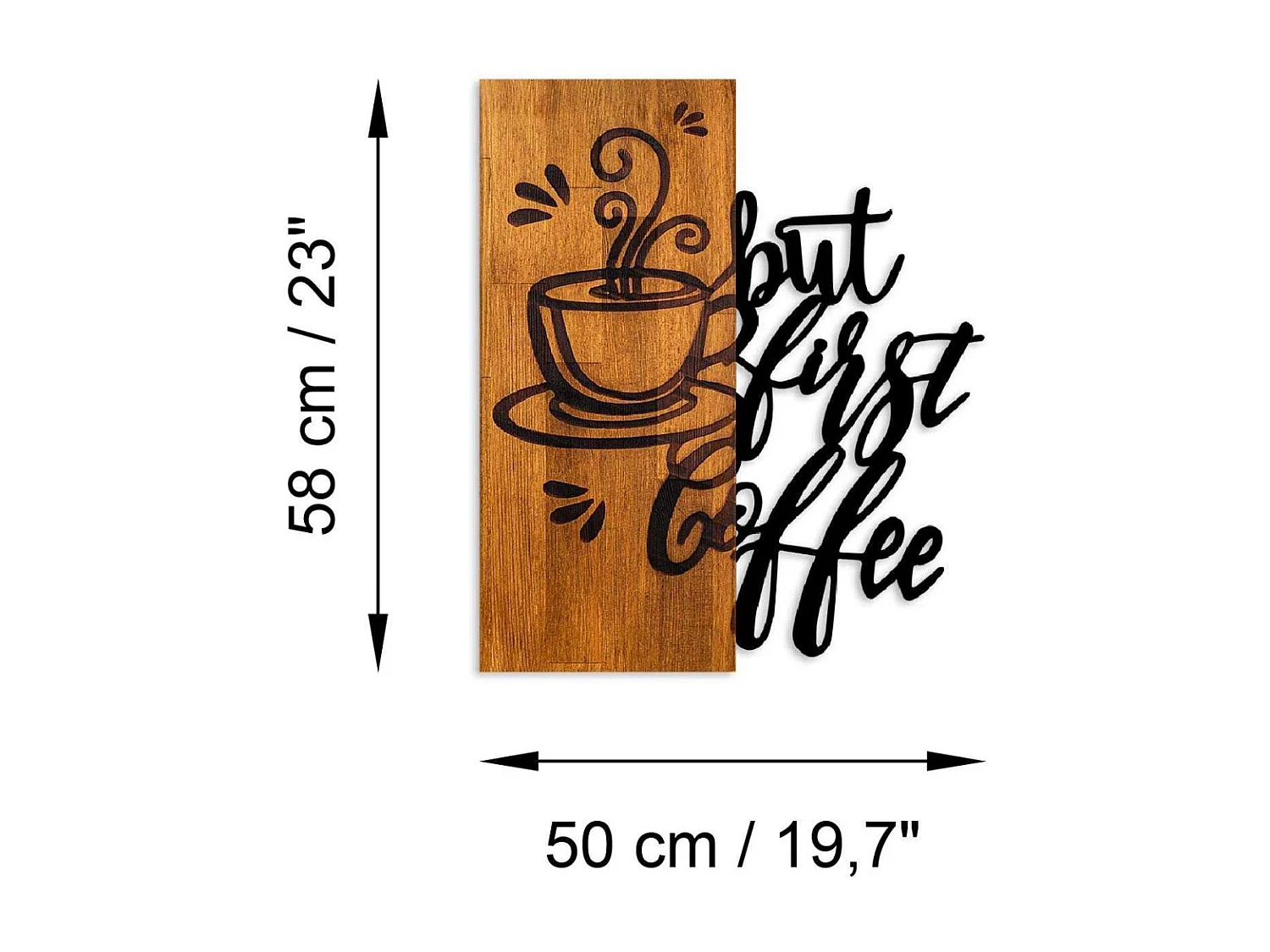 Décoration murale en bois et métal Citation But first coffee