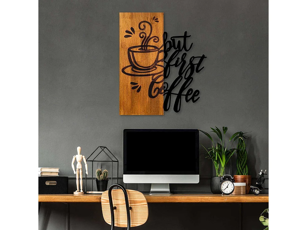 Décoration murale en bois et métal Citation But first coffee