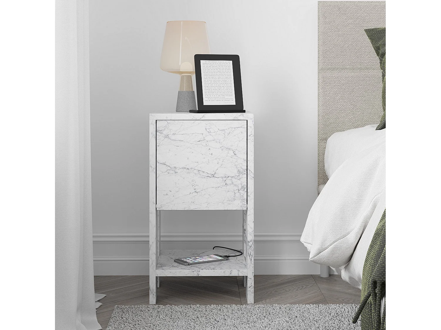 Table de chevet 1 tiroir Stena L30xH55cm Effet marbre blanc