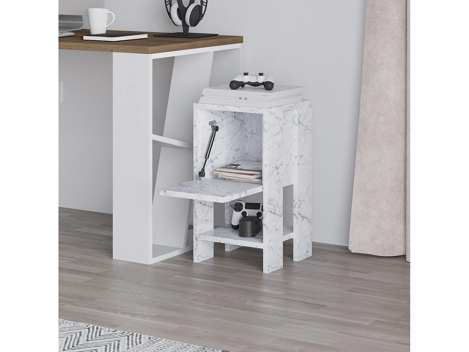Table de chevet 1 tiroir Stena L30xH55cm Effet marbre blanc