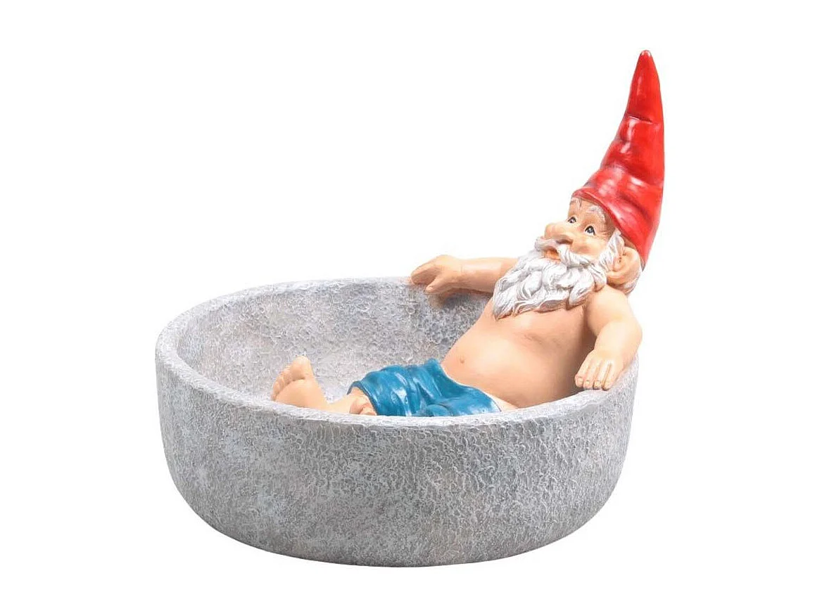 Nain de jardin dans bain d'oiseau en résine