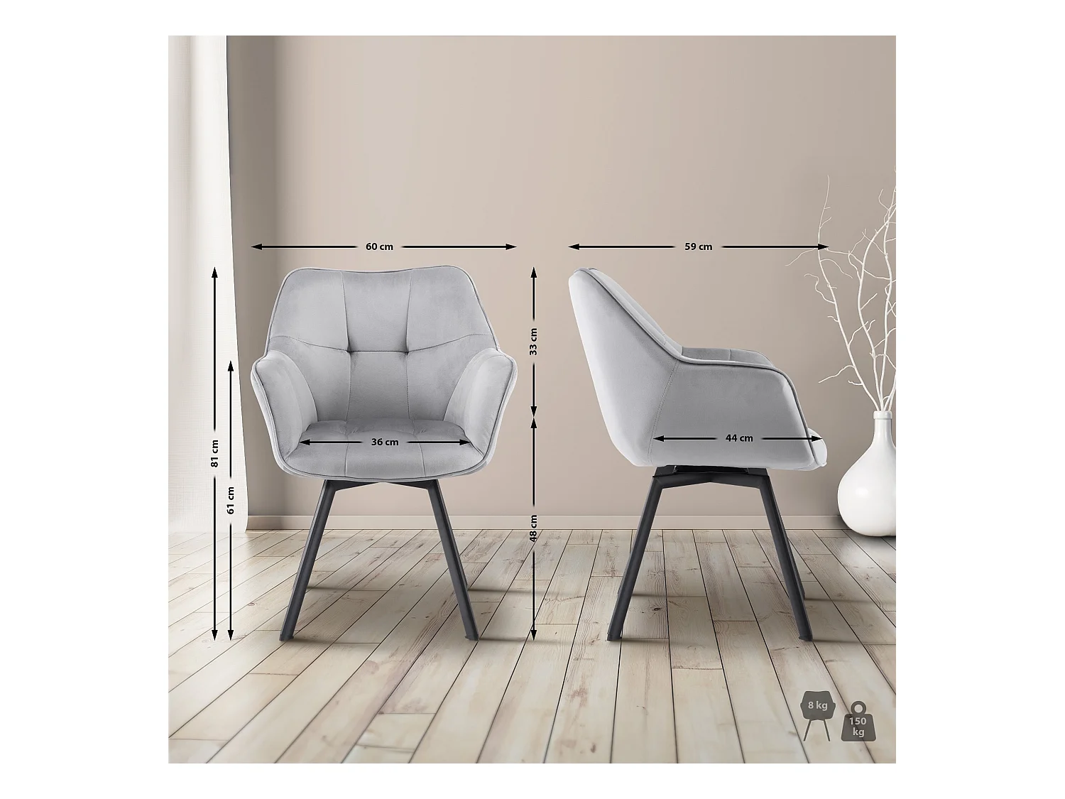 Lot de 2  chaise salle à manger - Velours - Gris foncé - Jordi
