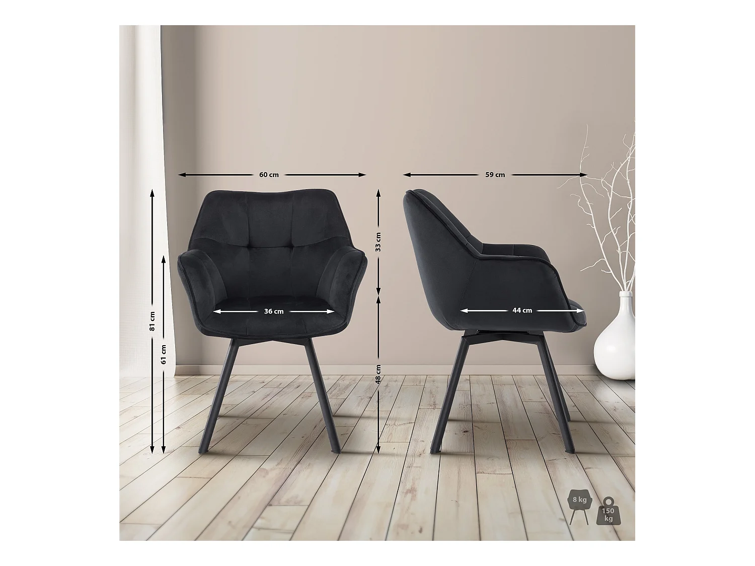 Lot de 2  chaise salle à manger - Velours - Noir - Jordi