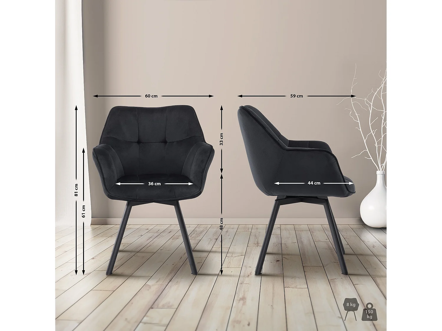 Lot de 2  chaise salle à manger - Velours - Noir - Jordi