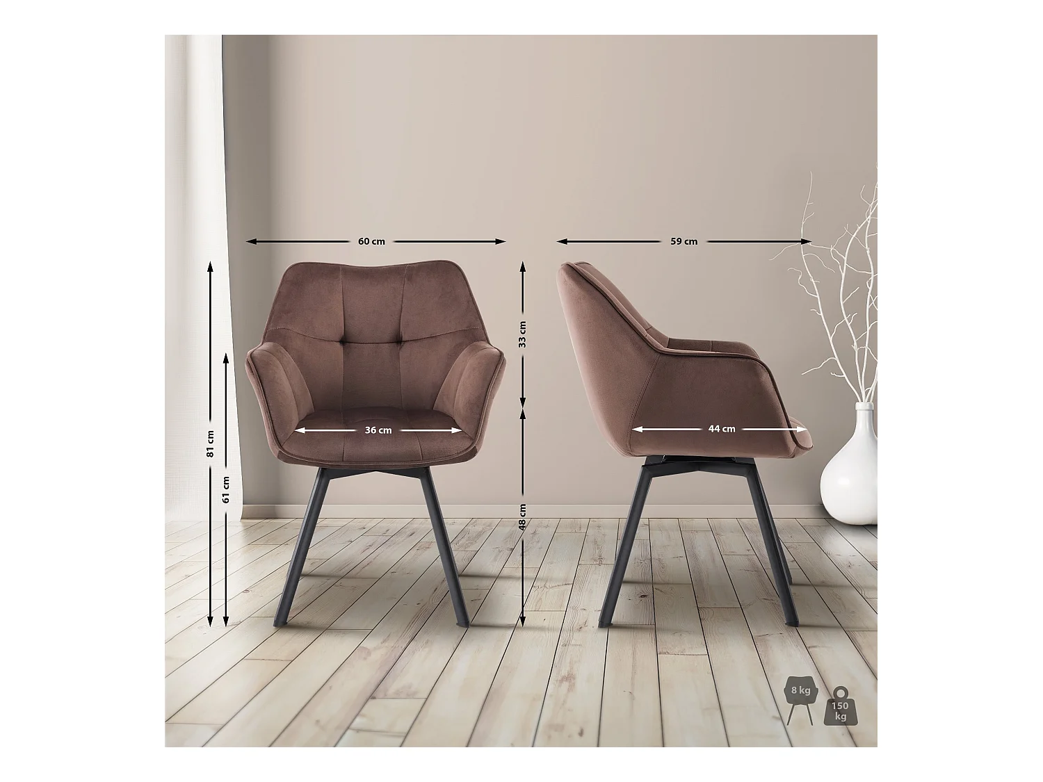Lot de 2  chaise salle à manger - Velours - Marron - Jordi