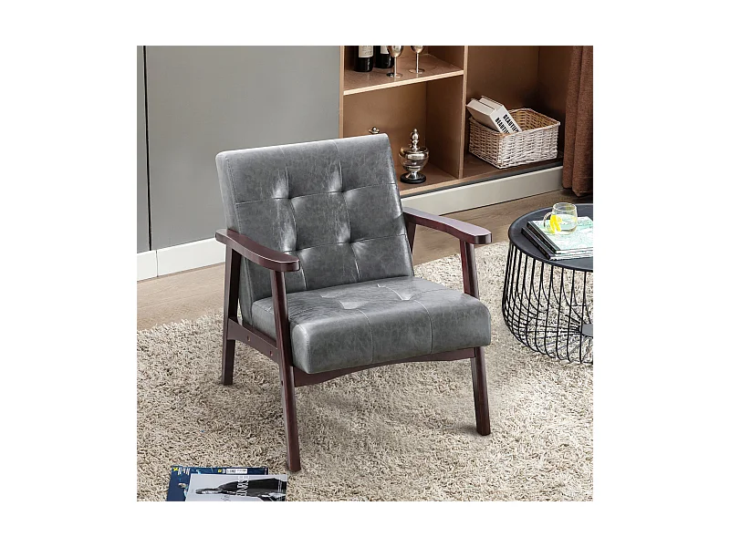 Vintage stijl gestoffeerde kunstleren fauteuil - Slaapkamer Kantoor Natuurlijke houten fauteuil, grijs