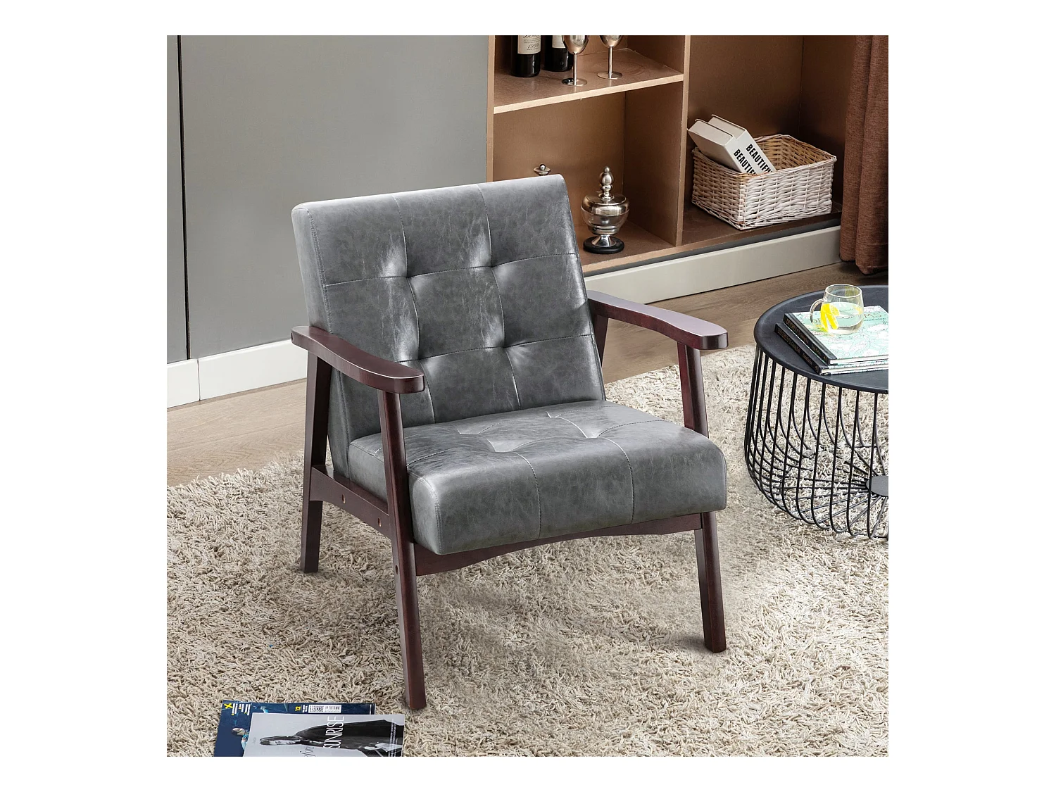 Vintage stijl gestoffeerde kunstleren fauteuil - Slaapkamer Kantoor Natuurlijke houten fauteuil, grijs