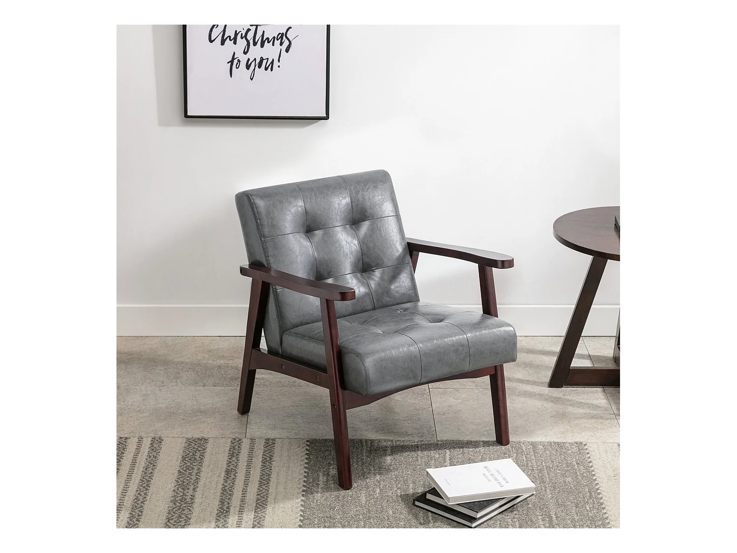 Vintage stijl gestoffeerde kunstleren fauteuil - Slaapkamer Kantoor Natuurlijke houten fauteuil, grijs