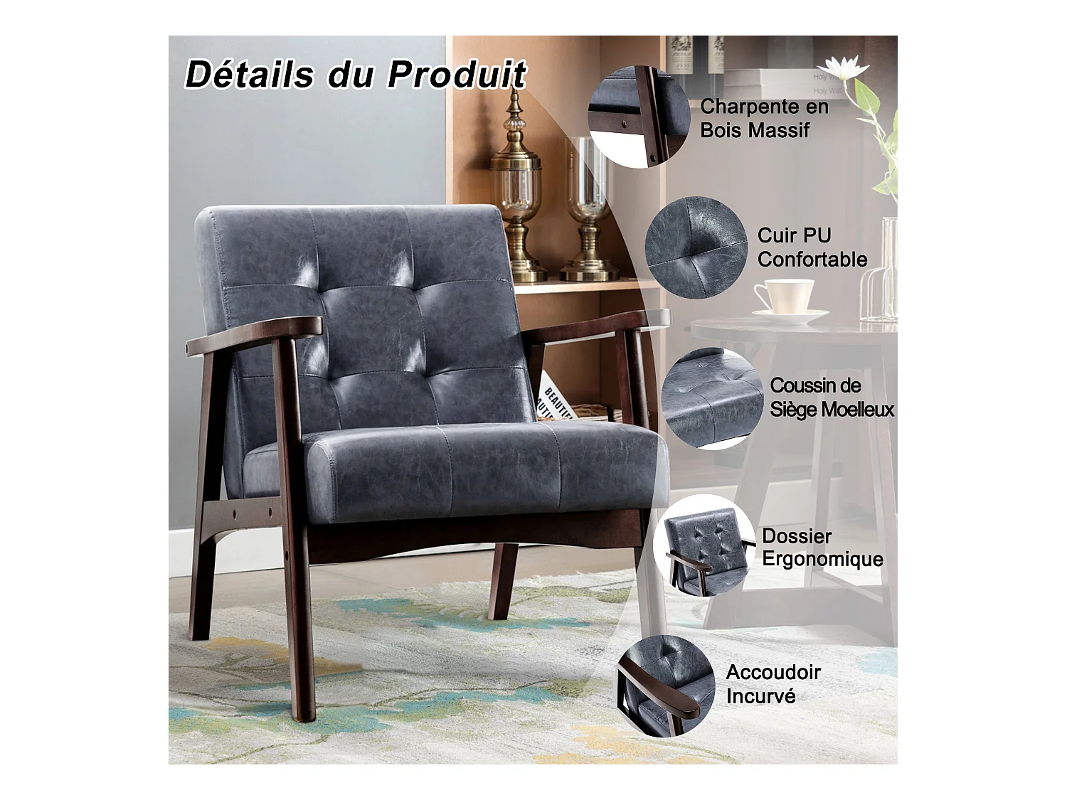 Vintage stijl gestoffeerde kunstleren fauteuil - Slaapkamer Kantoor Natuurlijke houten fauteuil, grijs