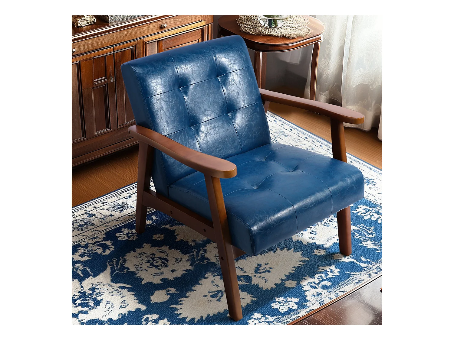 Vintage stijl gestoffeerde kunstleren fauteuil - Slaapkamer Kantoor Natuurlijke houten fauteuil, grijs