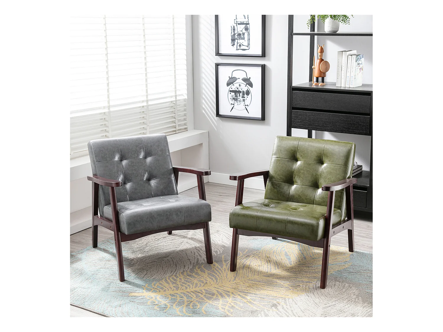 Vintage stijl gestoffeerde kunstleren fauteuil - Slaapkamer Kantoor Natuurlijke houten fauteuil, grijs